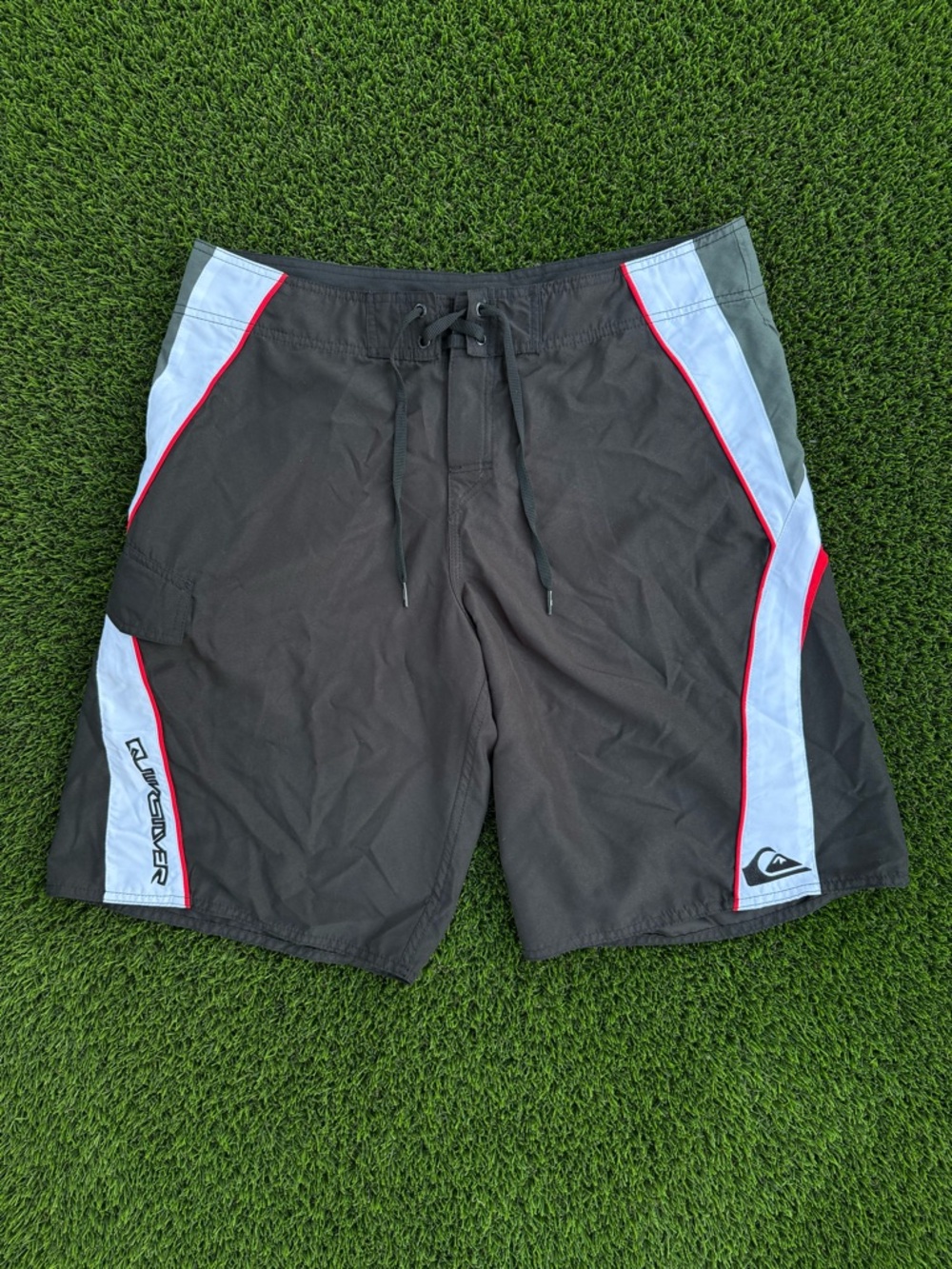 Quiksilver Black Swim Board Shorts with Light Blue Panels and Red Trim